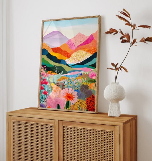 Colorful Mountain Floral Art Print: Abstract Patchwork Illustration (Digital Download)