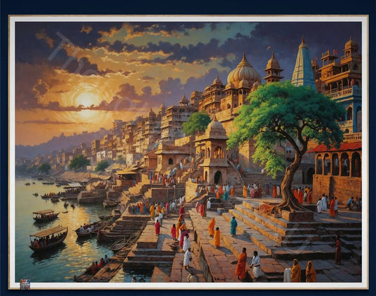 Vibrant Varanasi Painting | Indian Architecture | Sunset River Scene