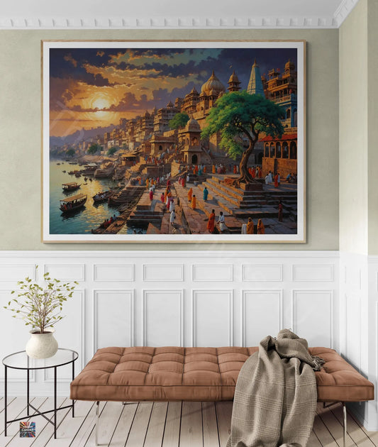 Vibrant Varanasi Painting | Indian Architecture | Sunset River Scene