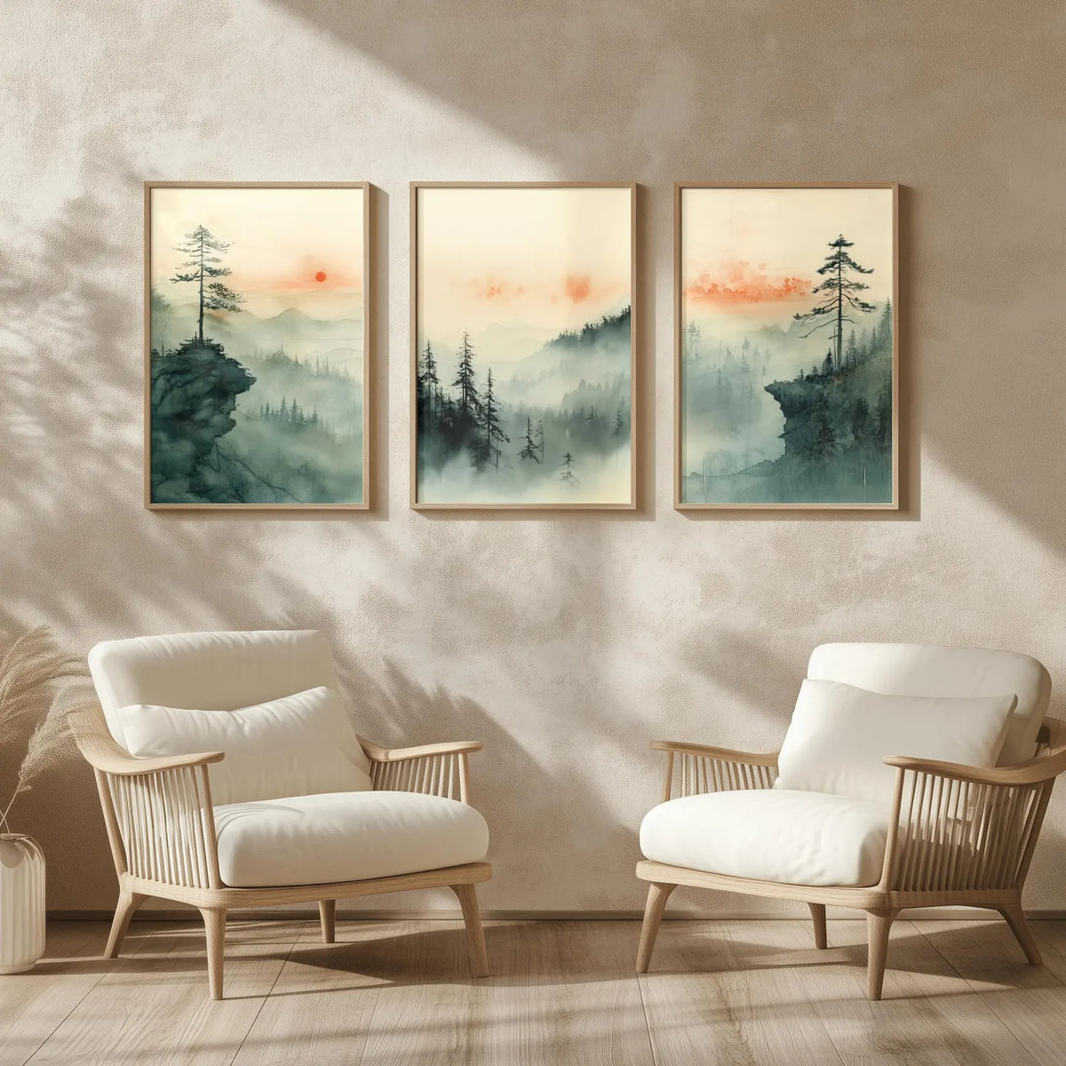 Japanese Wall Art Set of 3 | Japandi Watercolor Sunset Landscape | Jap ...