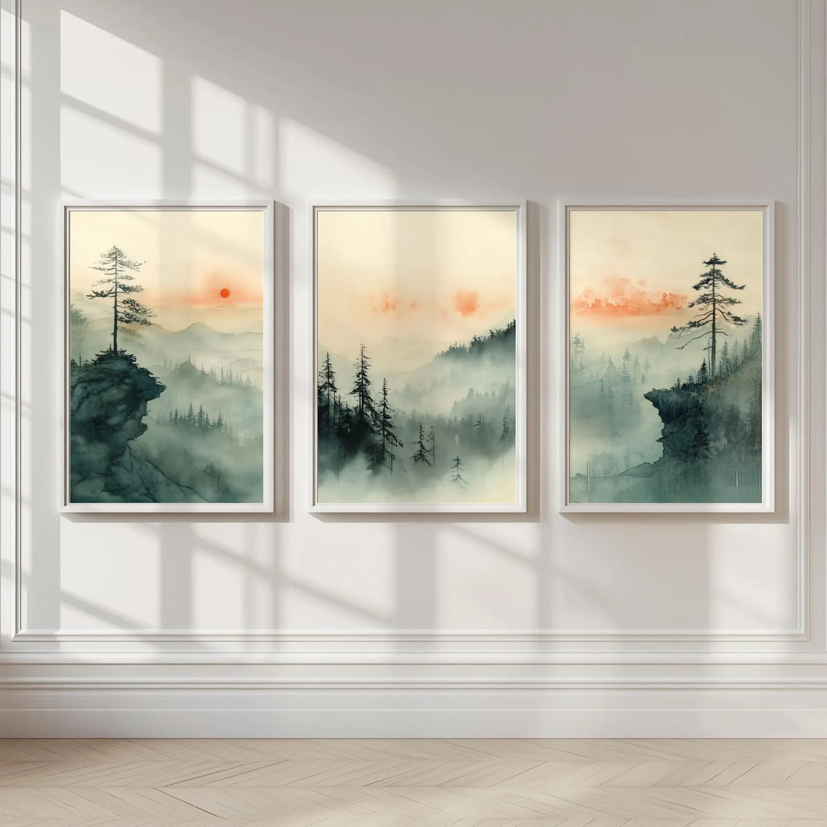 Japanese Wall Art Set of 3 | Japandi Watercolor Sunset Landscape | Jap ...